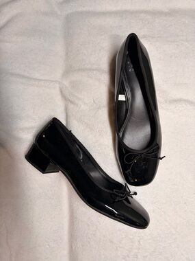 Classic Black Patent Block Heel Ballet Pumps